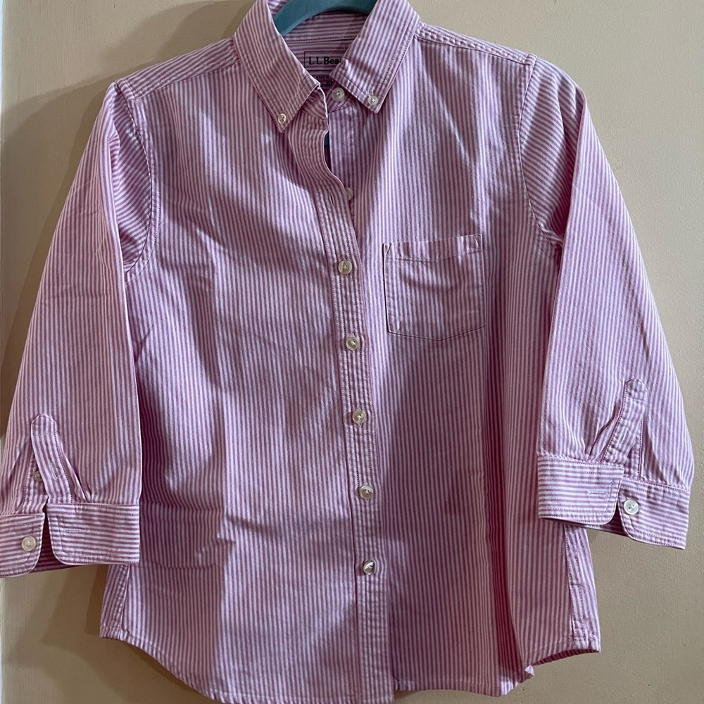 LL bean pink and white striped thick Oxford button down, three quarter sleeves